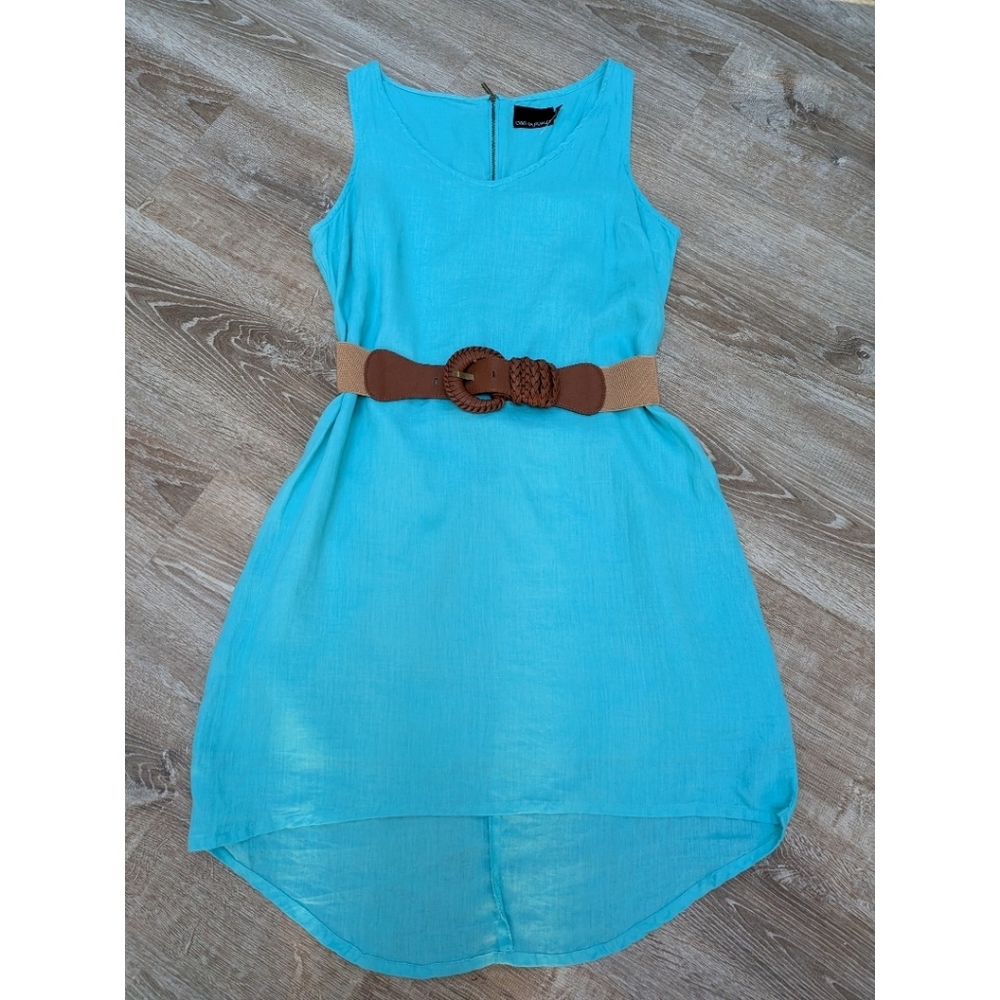 NEW Cynthia Rowley Blue 100% Linen Belted Sleeveless High Low Dress Size 14